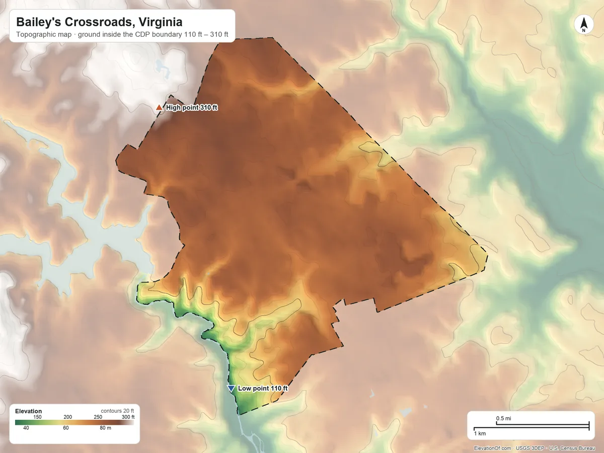Topographic elevation map of Bailey's Crossroads, Virginia, shaded from 110 ft on the southwest side to 310 ft on the northwest side