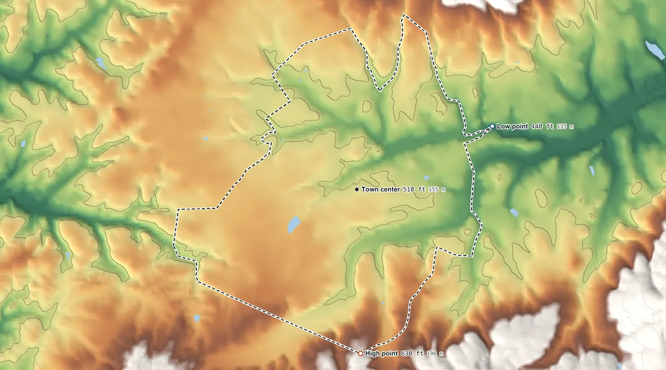 Topographic elevation map of Barboursville, Virginia, shaded from 440 ft on the northeast side to 630 ft at the foot of the Southwest Mountains
