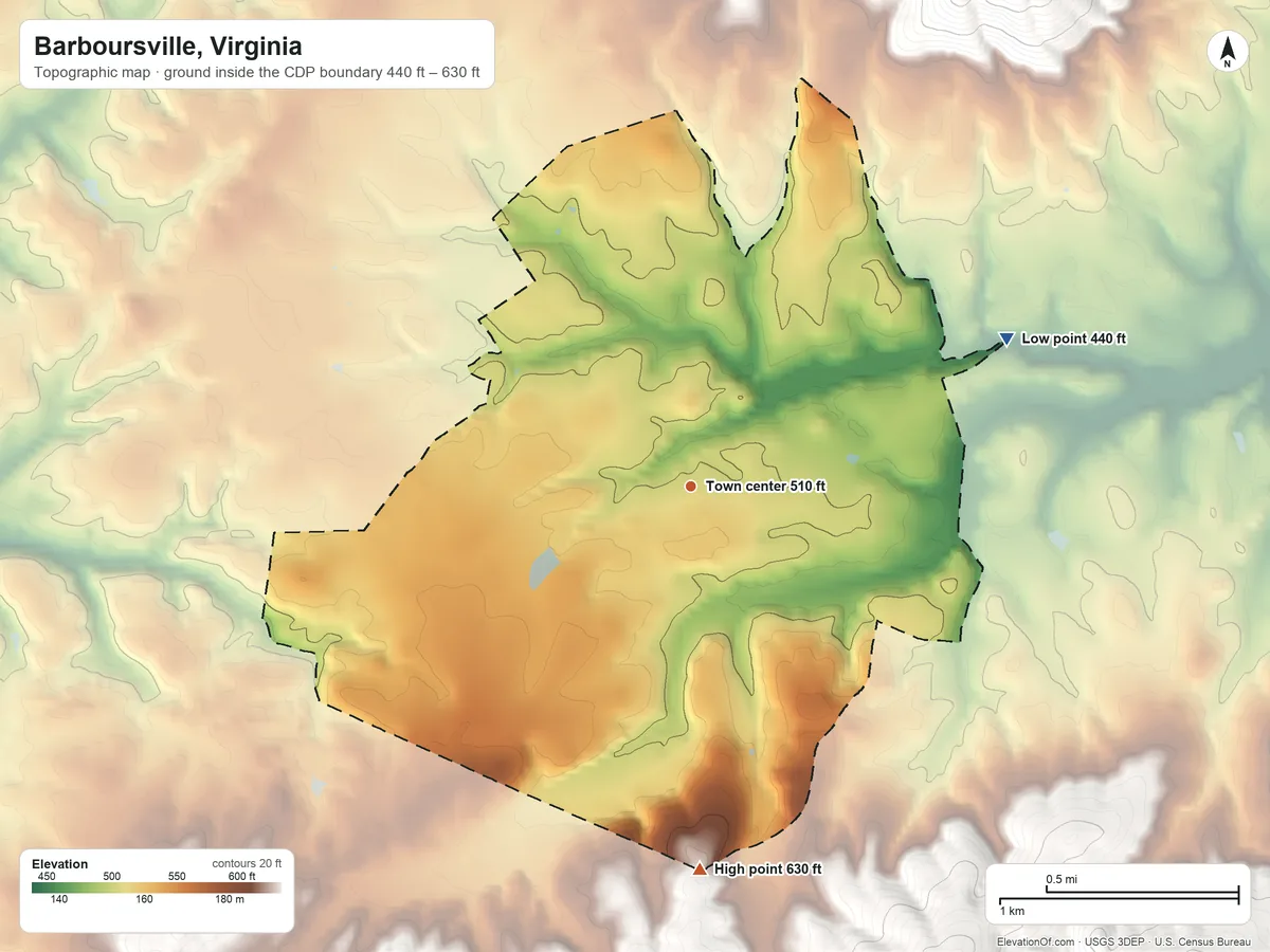Topographic elevation map of Barboursville, Virginia, shaded from 440 ft on the northeast side to 630 ft at the foot of the Southwest Mountains