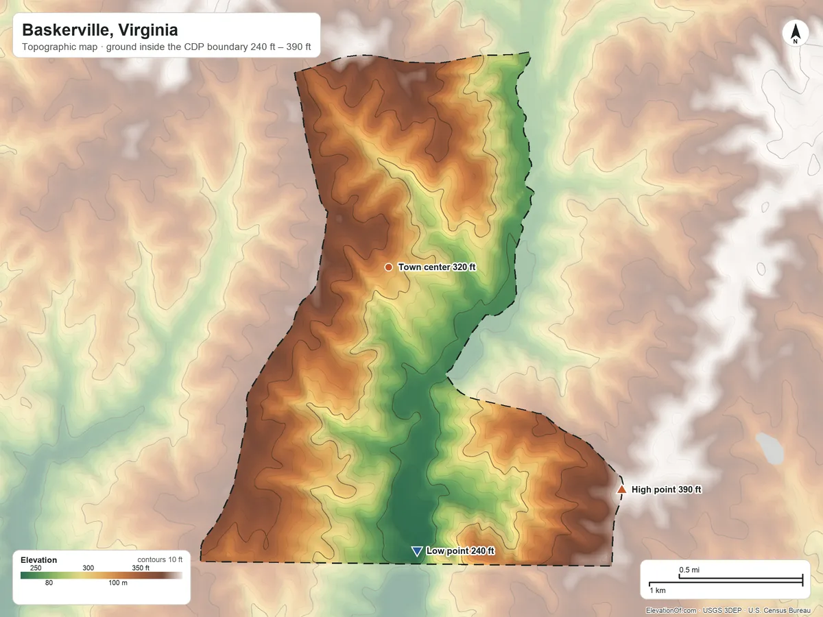 Topographic elevation map of Baskerville, Virginia, shaded from 240 ft on the south side to 390 ft on the southeast side