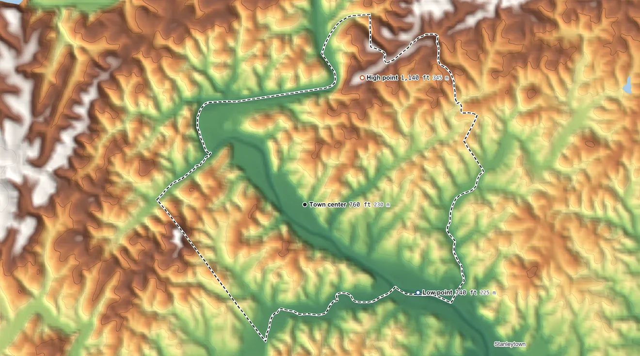 Topographic elevation map of Bassett, Virginia, shaded from 740 ft on the southeast side to 1,140 ft on the northeast side