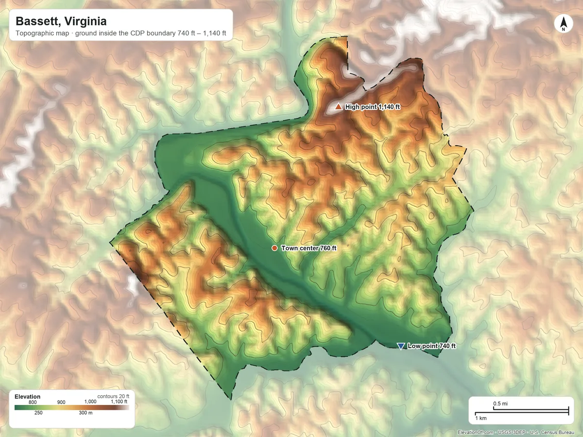 Topographic elevation map of Bassett, Virginia, shaded from 740 ft on the southeast side to 1,140 ft on the northeast side