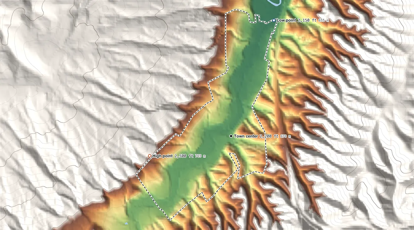 Topographic elevation map of Bastian, Virginia, shaded from 2,150 ft on the north side to 2,500 ft on the west edge, below higher ground just outside
