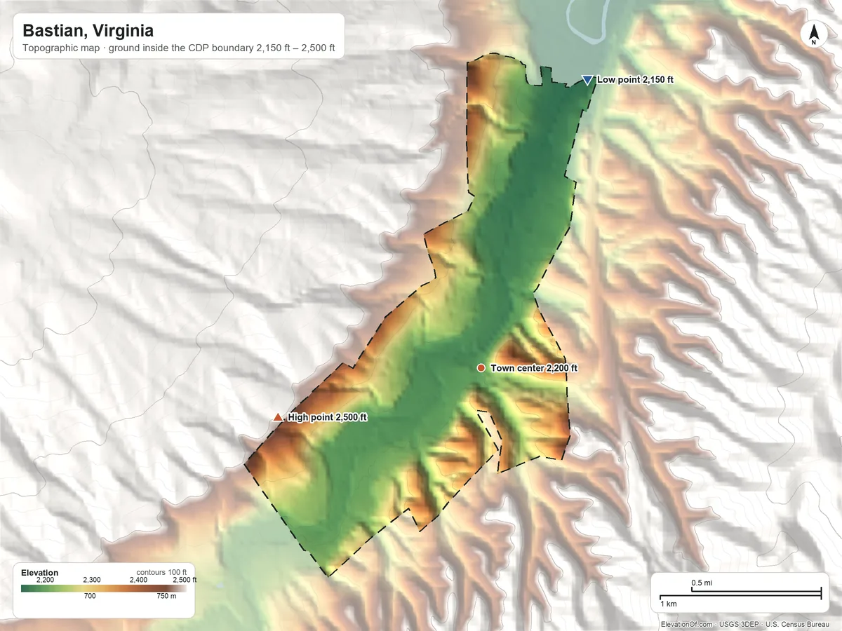 Topographic elevation map of Bastian, Virginia, shaded from 2,150 ft on the north side to 2,500 ft on the west edge, below higher ground just outside