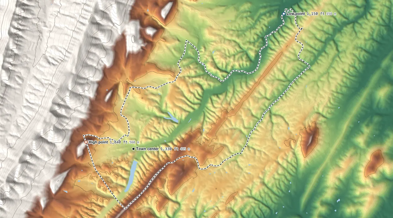 Topographic elevation map of Basye, Virginia, shaded from 1,150 ft on the northeast side to 1,840 ft at the foot of The Knobs