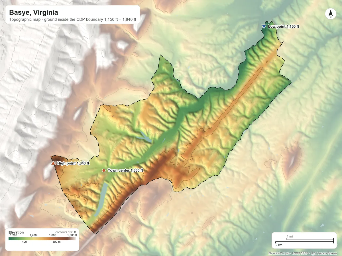 Topographic elevation map of Basye, Virginia, shaded from 1,150 ft on the northeast side to 1,840 ft at the foot of The Knobs