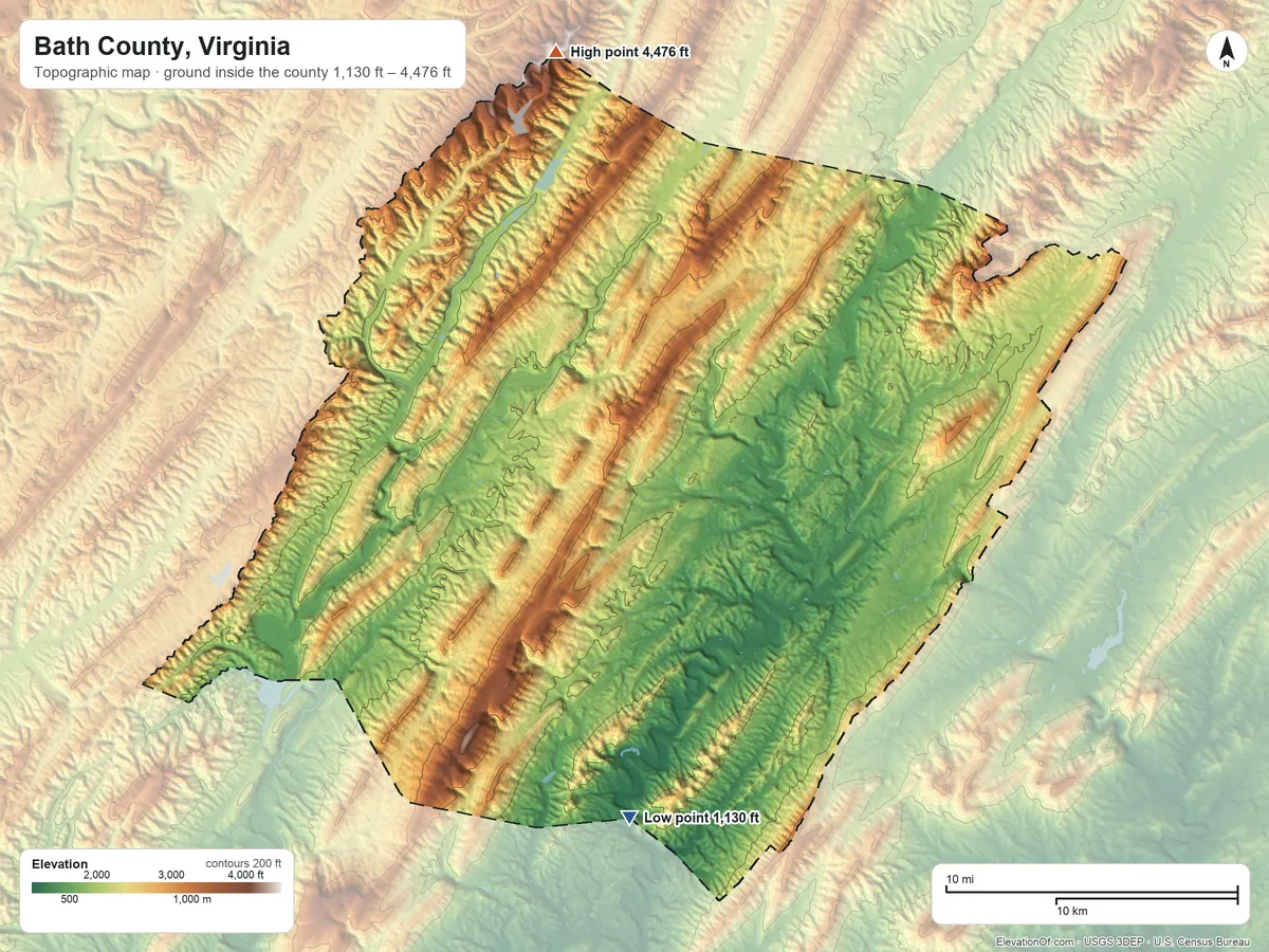 Topographic elevation map of Bath County, Virginia, shaded from 1,130 ft on the south side to 4,476 ft on Paddy Knob
