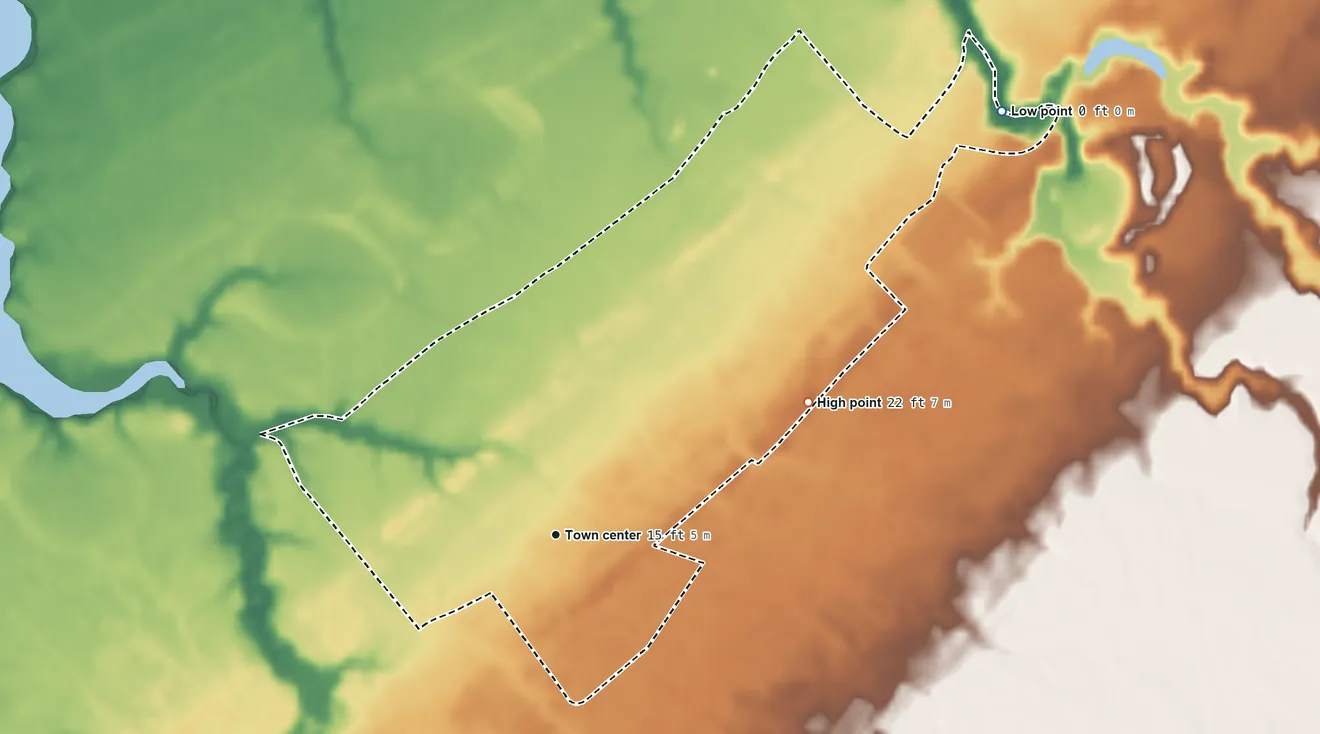 Topographic elevation map of Bayside, Virginia, shaded from 0 ft on the northeast side to 22 ft on the northeast side