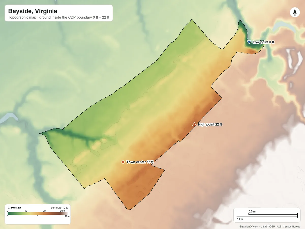Topographic elevation map of Bayside, Virginia, shaded from 0 ft on the northeast side to 22 ft on the northeast side