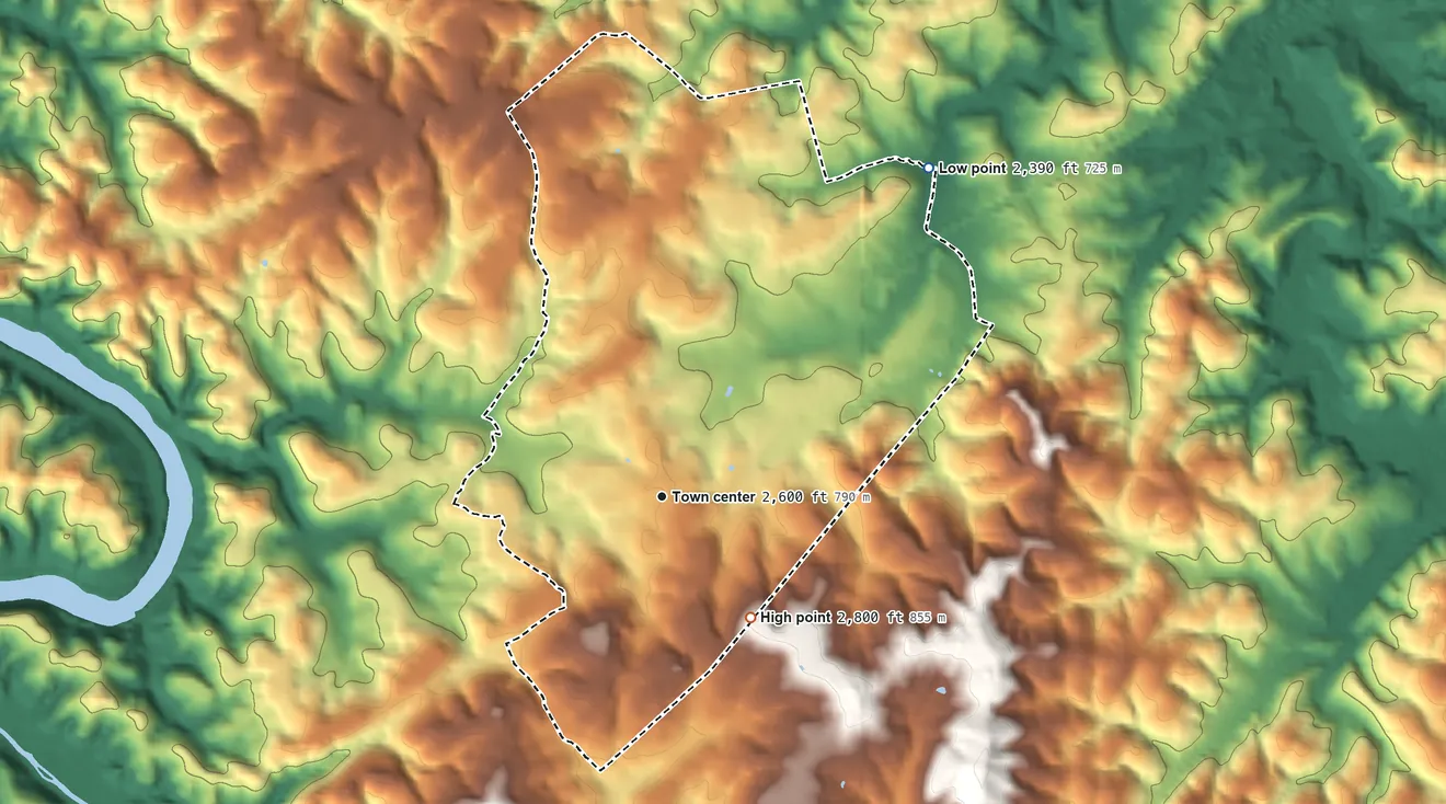 Topographic elevation map of Baywood, Virginia, shaded from 2,390 ft on the northeast side to 2,800 ft on the southeast side
