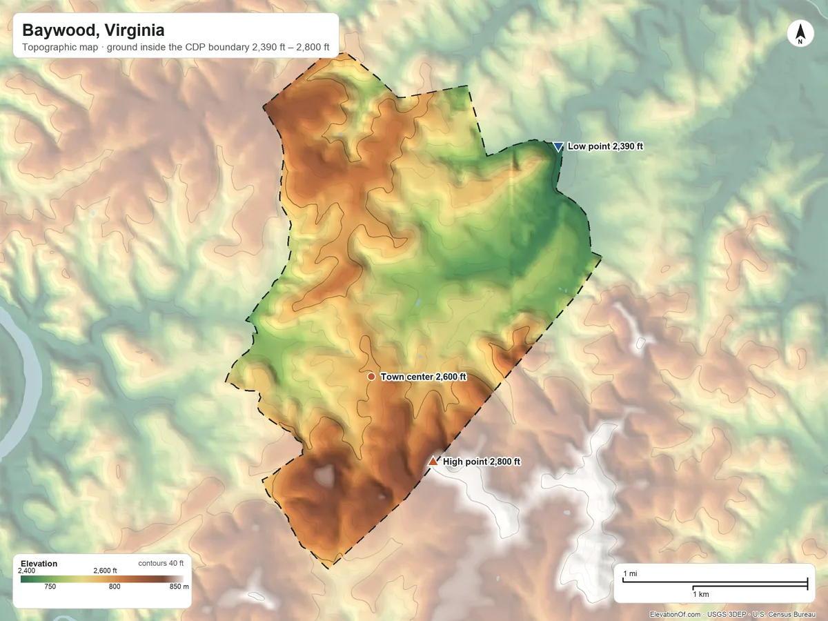 Topographic elevation map of Baywood, Virginia, shaded from 2,390 ft on the northeast side to 2,800 ft on the southeast side