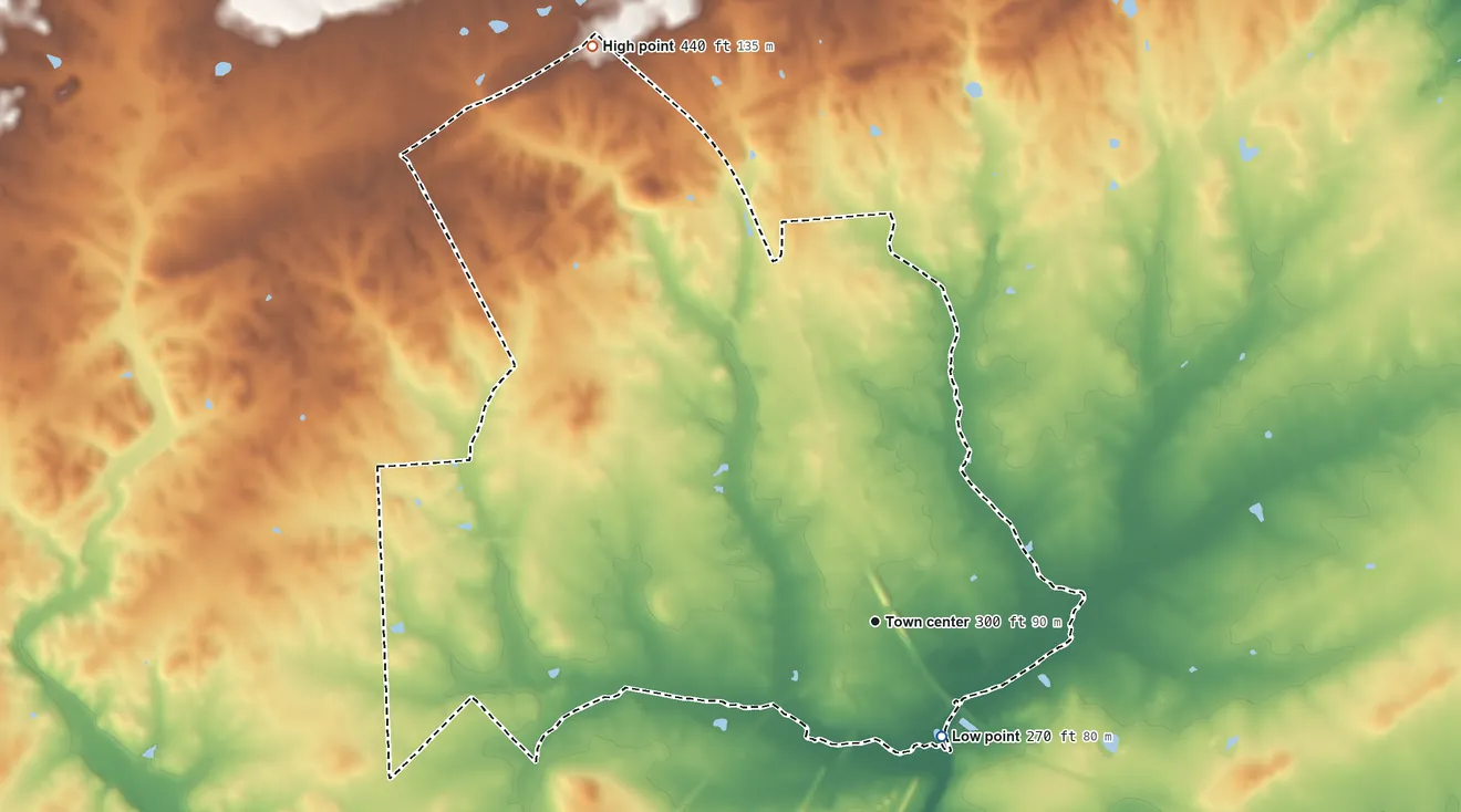 Topographic elevation map of Bealeton, Virginia, shaded from 270 ft on the southeast side to 440 ft on the northwest side