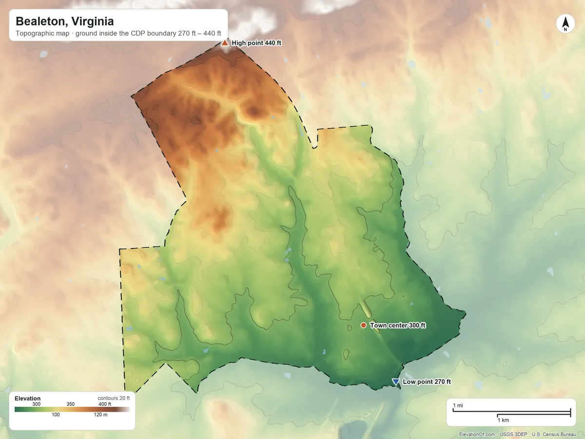 Topographic elevation map of Bealeton, Virginia, shaded from 270 ft on the southeast side to 440 ft on the northwest side