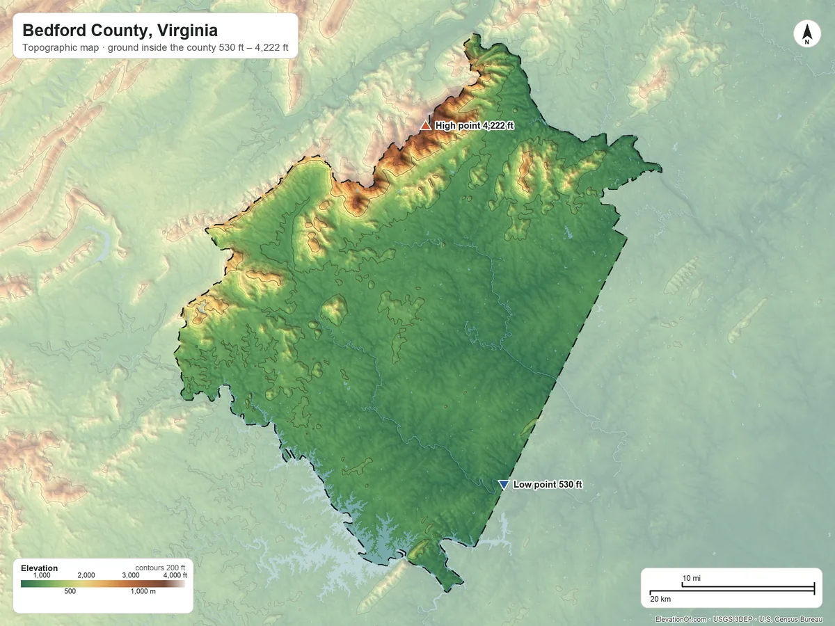 Topographic elevation map of Bedford County, Virginia, shaded from 530 ft on the southeast side to 4,222 ft on Apple Orchard Mountain