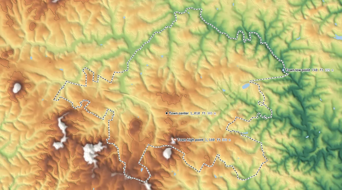 Topographic elevation map of Bedford, Virginia, shaded from 740 ft on the east side to 1,180 ft near the middle