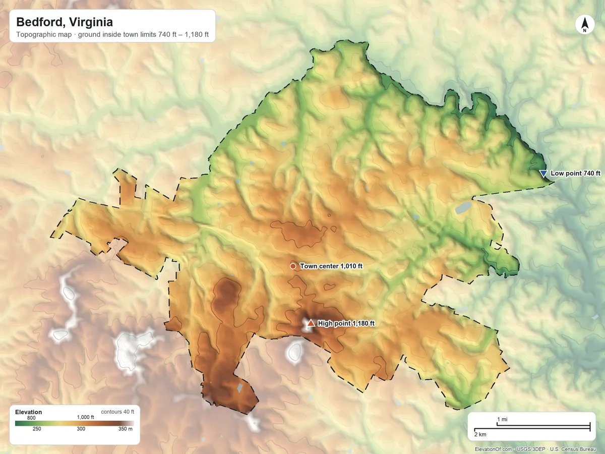 Topographic elevation map of Bedford, Virginia, shaded from 740 ft on the east side to 1,180 ft near the middle