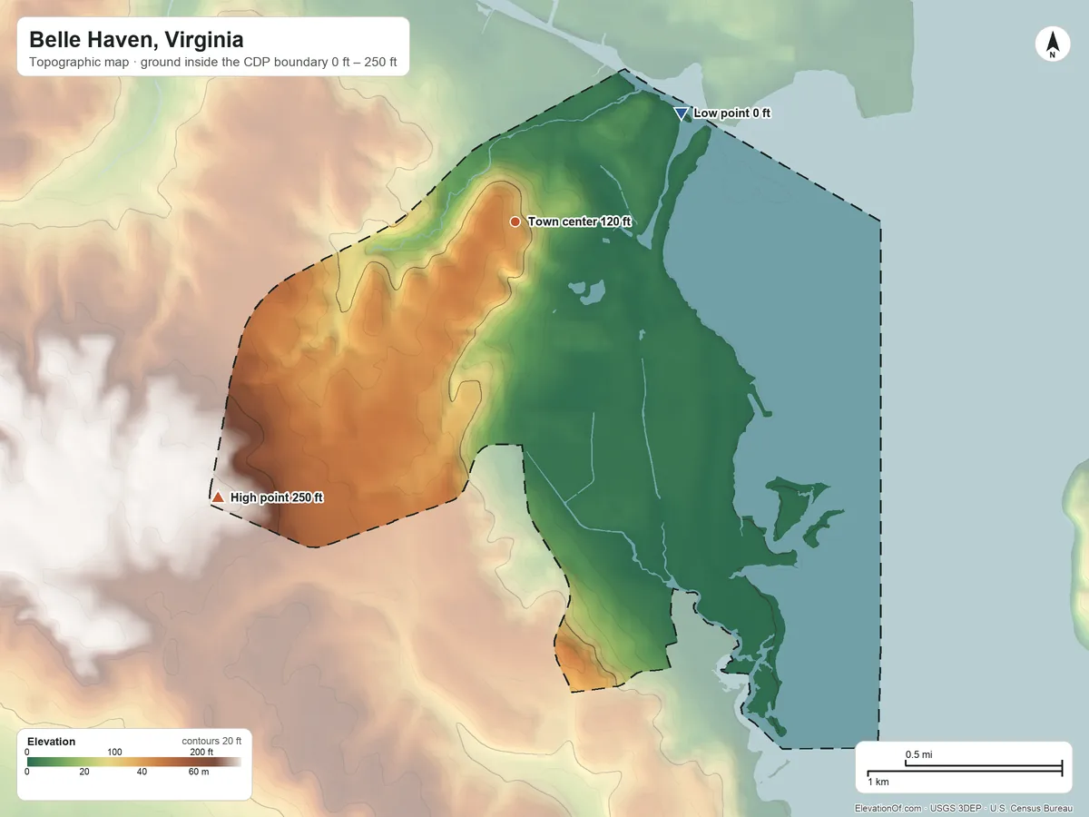 Topographic elevation map of Belle Haven, Virginia, shaded from 0 ft on the northeast side to 250 ft on the southwest side