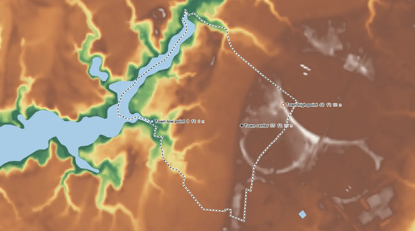 Topographic elevation map of Town of Belle Haven, Virginia, shaded from sea level level on Occohannock Creek to 40 ft on the northeast side
