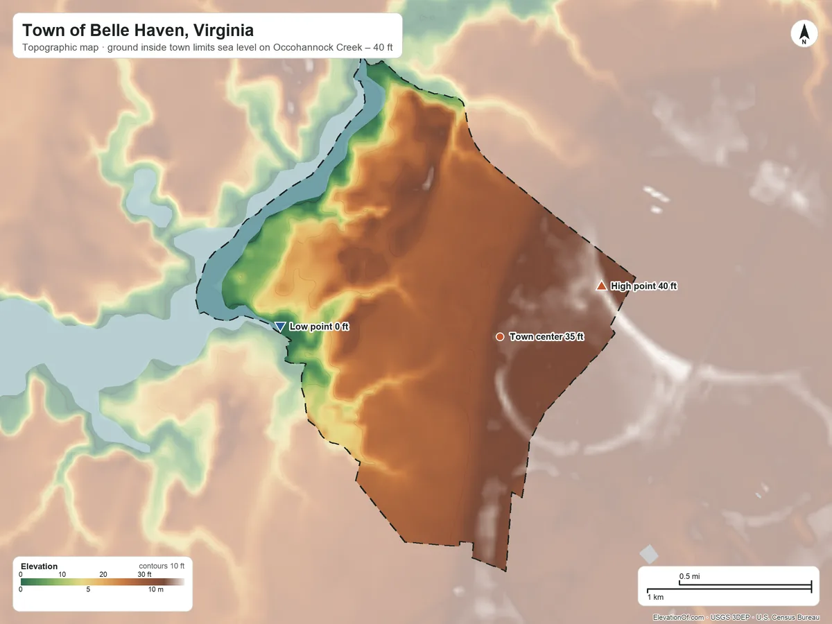 Topographic elevation map of Town of Belle Haven, Virginia, shaded from sea level level on Occohannock Creek to 40 ft on the northeast side