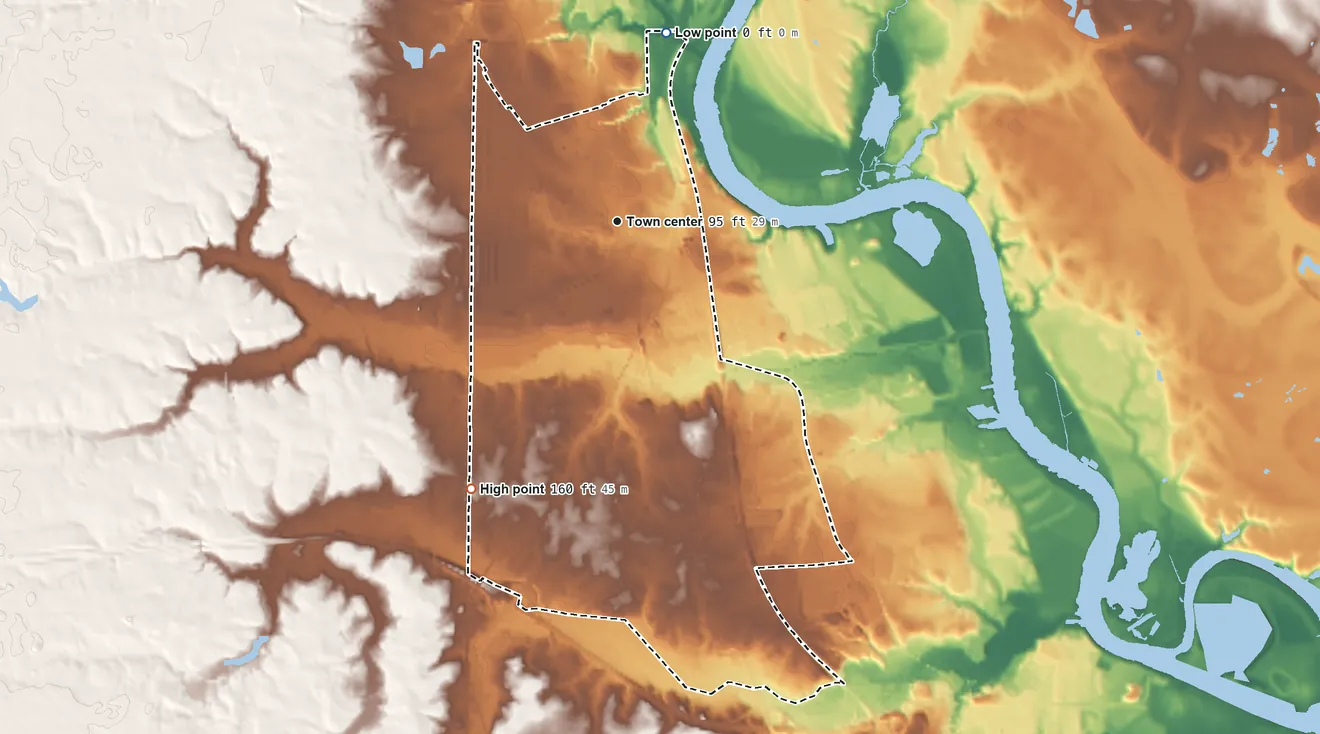 Topographic elevation map of Bellwood, Virginia, shaded from 0 ft on the north side to 160 ft on the southwest side