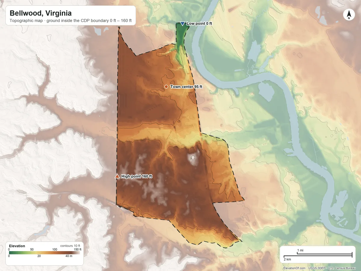 Topographic elevation map of Bellwood, Virginia, shaded from 0 ft on the north side to 160 ft on the southwest side