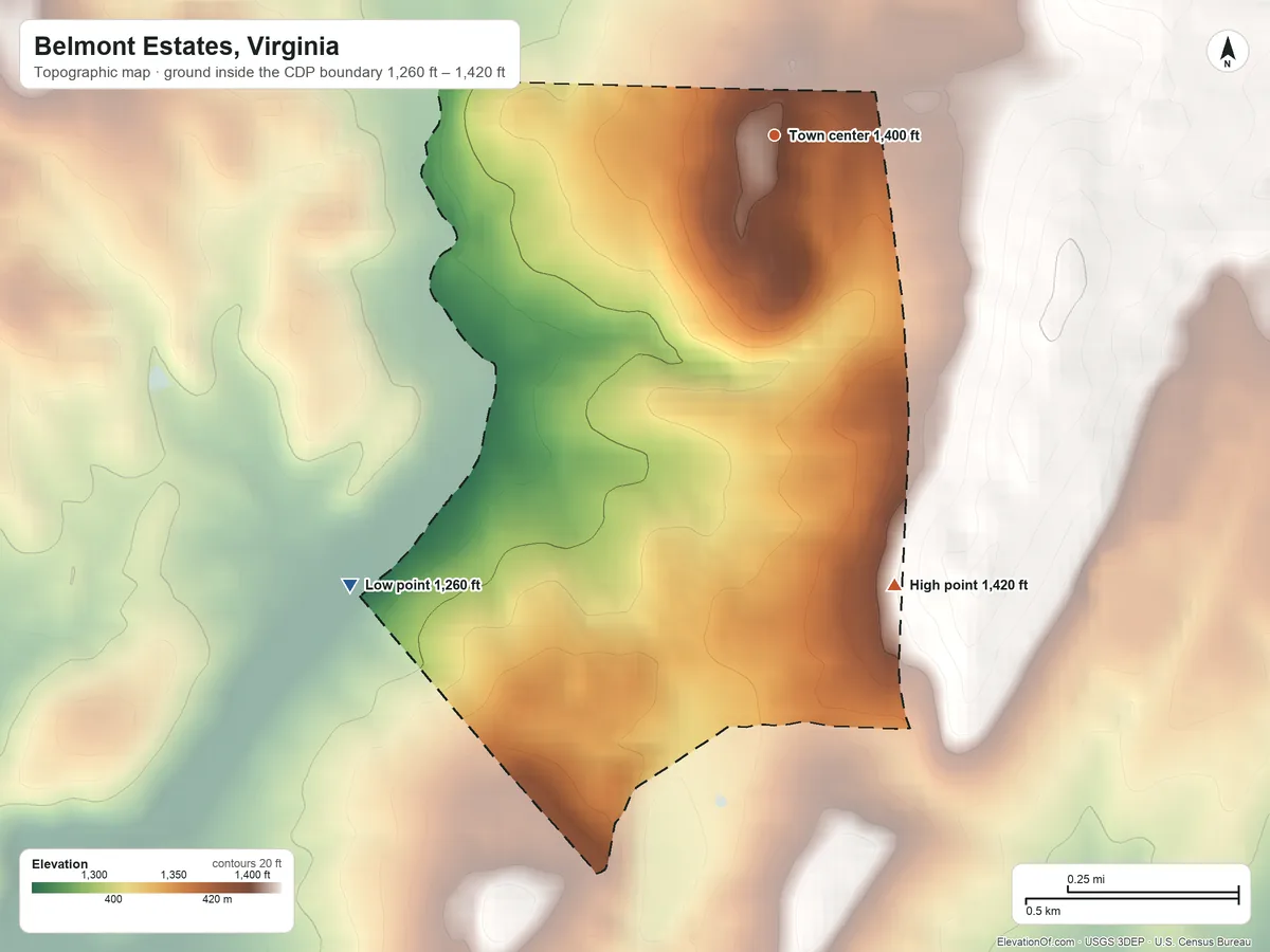 Topographic elevation map of Belmont Estates, Virginia, shaded from 1,260 ft on the southwest side to 1,420 ft on the south side