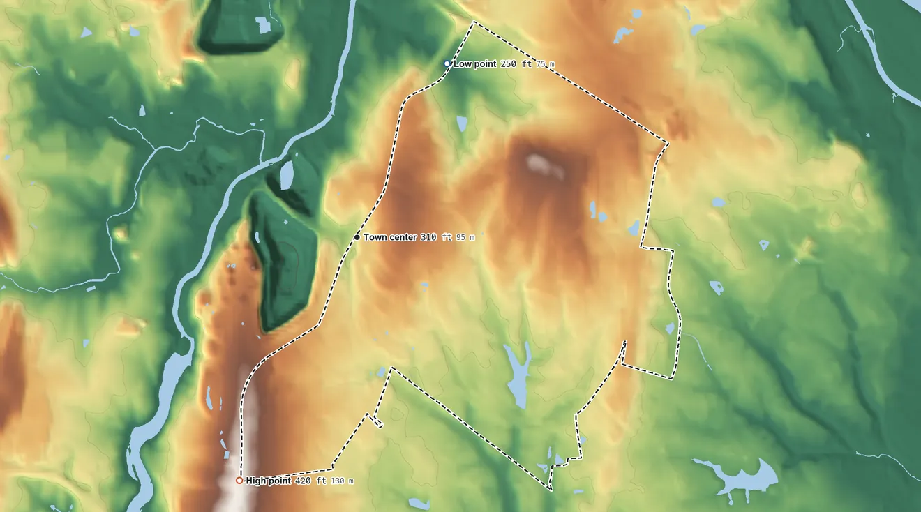 Topographic elevation map of Belmont, Virginia, shaded from 250 ft on the northeast side to 420 ft on the southwest side