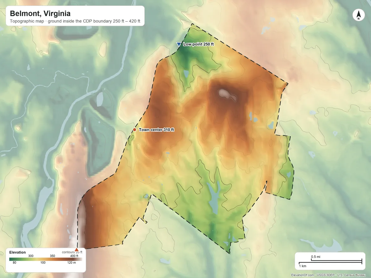 Topographic elevation map of Belmont, Virginia, shaded from 250 ft on the northeast side to 420 ft on the southwest side