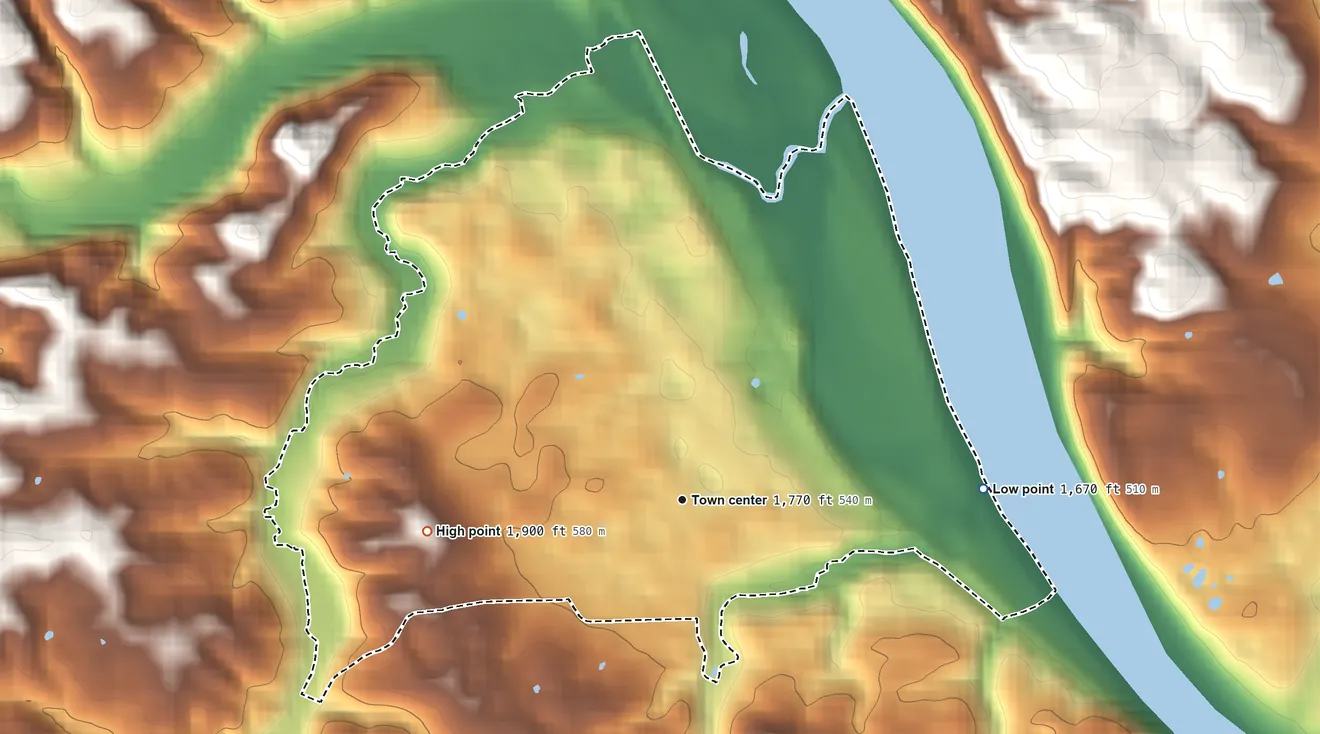 Topographic elevation map of Belspring, Virginia, shaded from 1,670 ft on the east side to 1,900 ft on the west side