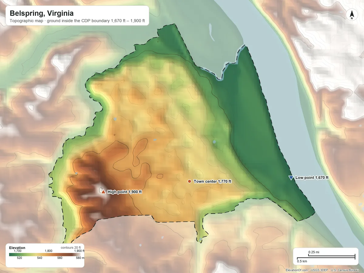 Topographic elevation map of Belspring, Virginia, shaded from 1,670 ft on the east side to 1,900 ft on the west side