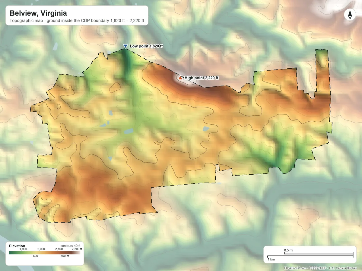 Topographic elevation map of Belview, Virginia, shaded from 1,820 ft on the northwest side to 2,220 ft on the north side