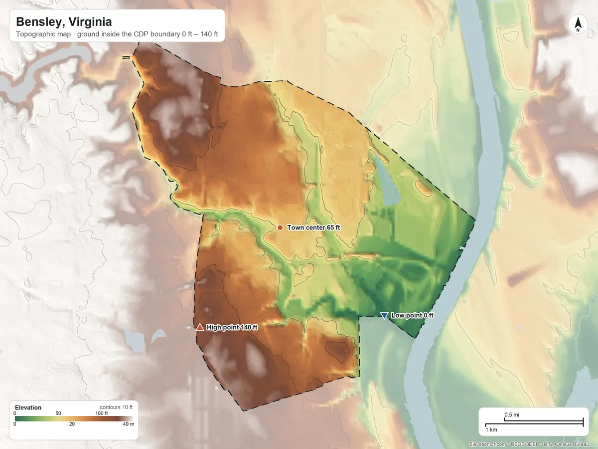 Topographic elevation map of Bensley, Virginia, shaded from 0 ft on the southeast side to 140 ft on the southwest side
