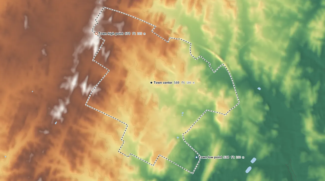 Topographic elevation map of Berryville, Virginia, shaded from 530 ft on the southeast side to 670 ft on the northwest side