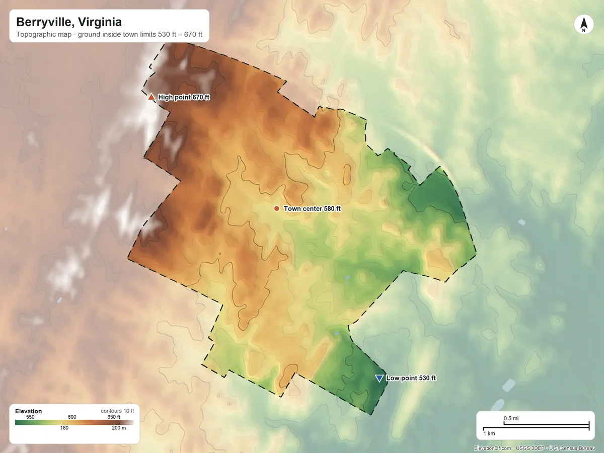 Topographic elevation map of Berryville, Virginia, shaded from 530 ft on the southeast side to 670 ft on the northwest side