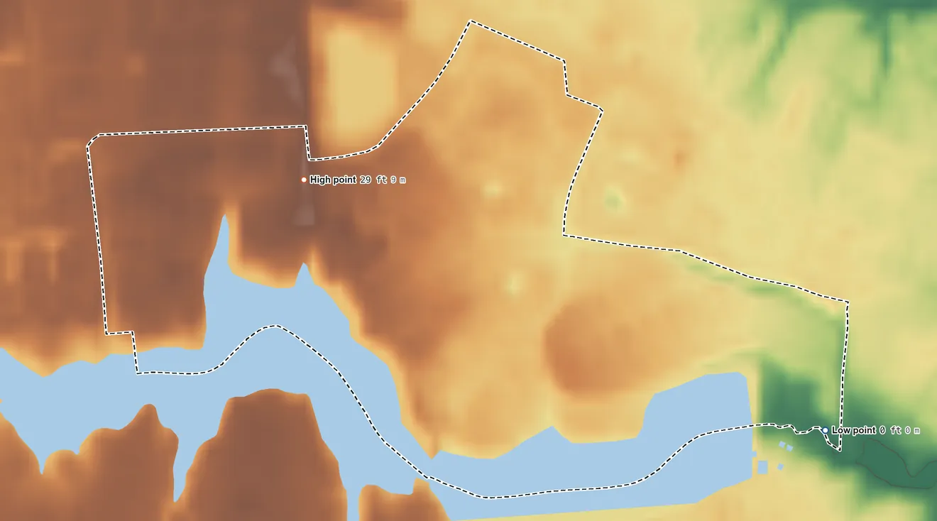 Topographic elevation map of Bethel Manor, Virginia, shaded from 0 ft on the southeast side to 29 ft on the northwest side