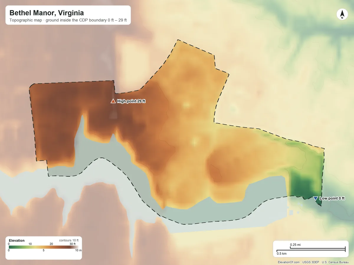 Topographic elevation map of Bethel Manor, Virginia, shaded from 0 ft on the southeast side to 29 ft on the northwest side