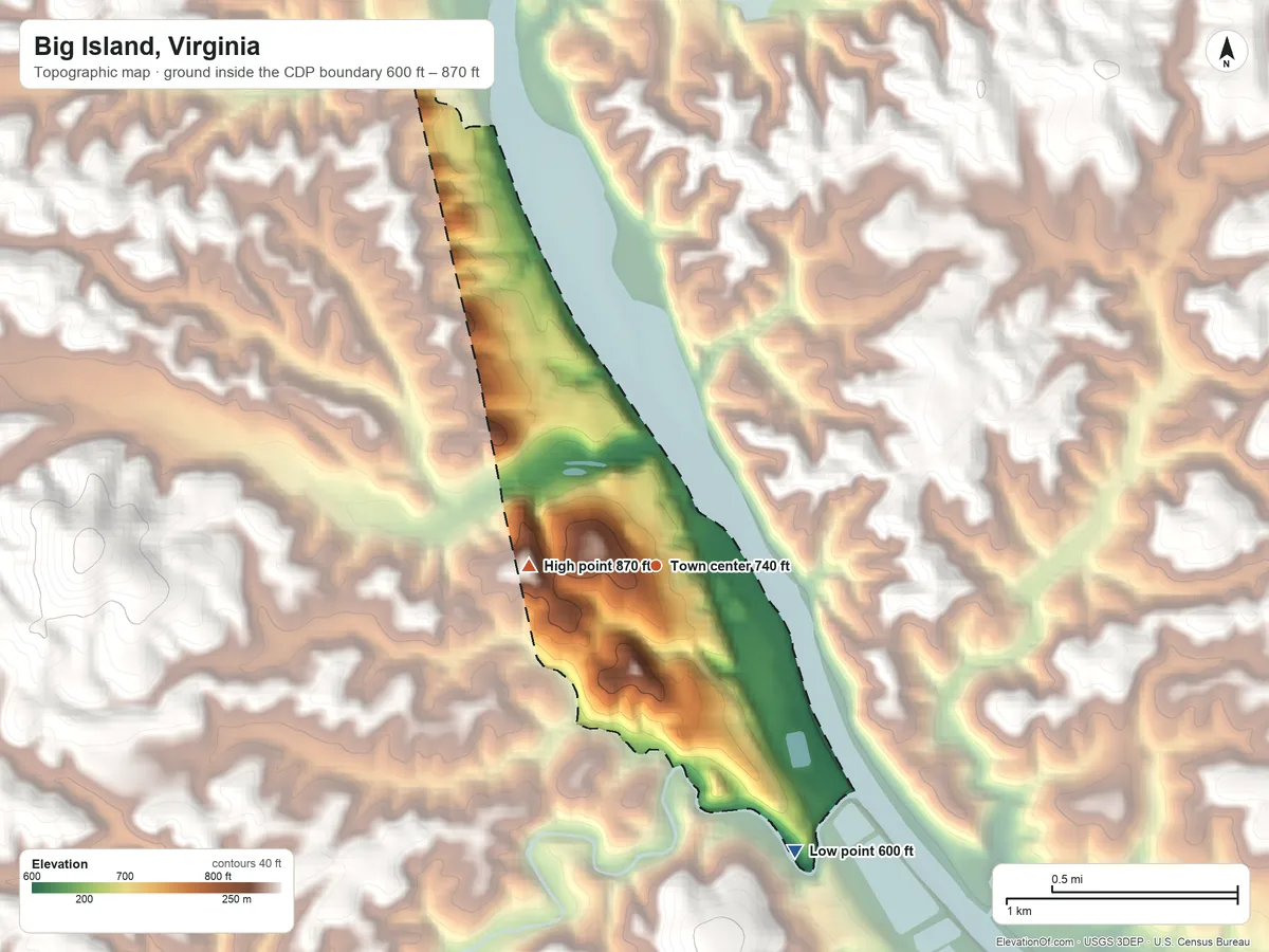 Topographic elevation map of Big Island, Virginia, shaded from 600 ft on the southeast side to 870 ft on the west edge, below higher ground just outside
