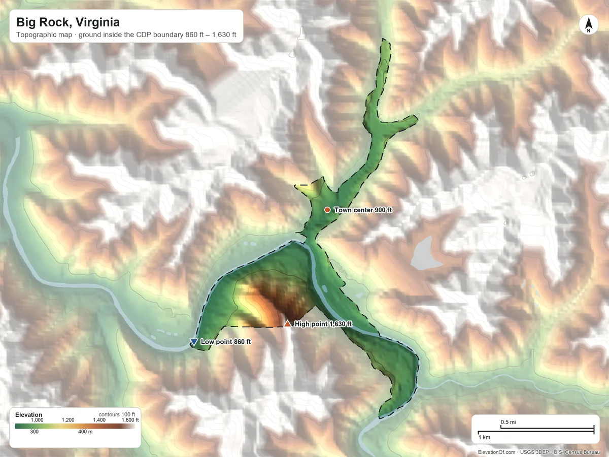 Topographic elevation map of Big Rock, Virginia, shaded from 860 ft on the southwest side to 1,630 ft on the south edge, below higher ground just outside