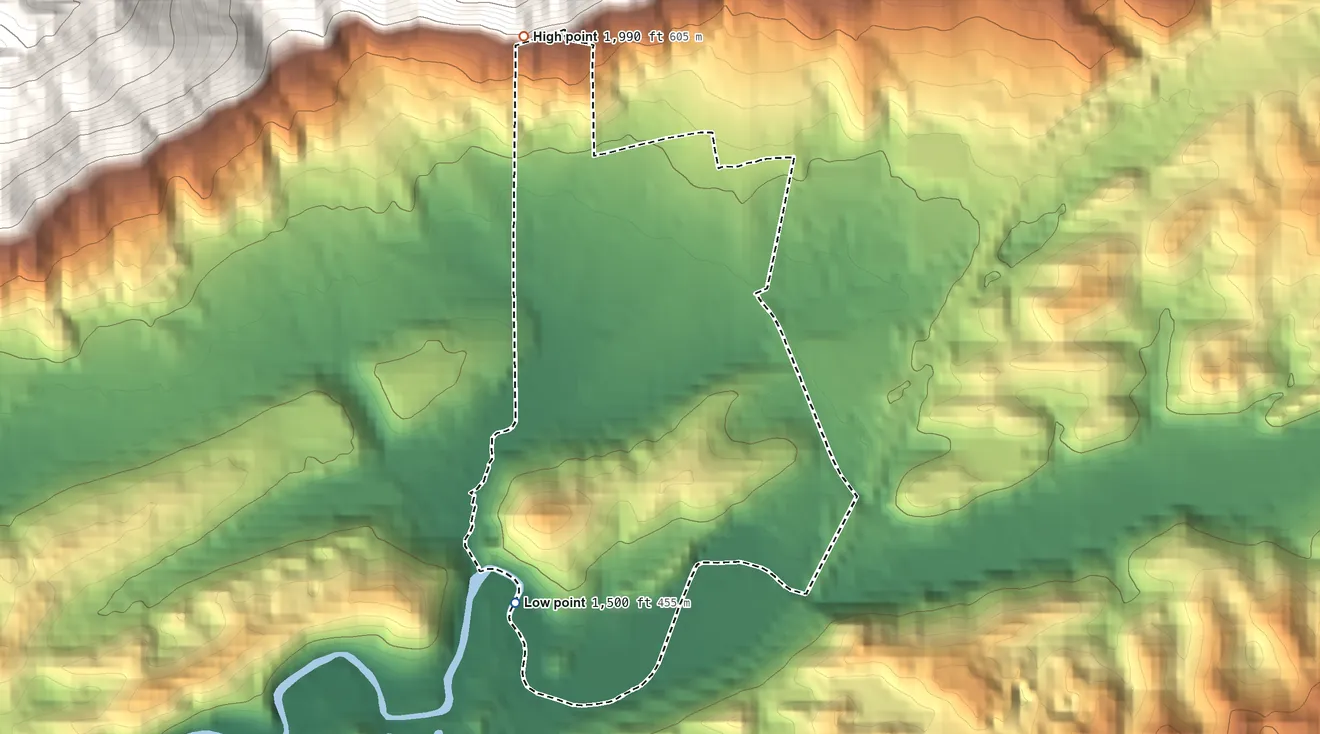 Topographic elevation map of Big Stone Gap East, Virginia, shaded from 1,500 ft on the southwest side to 1,990 ft on the northwest edge, below higher ground just outside
