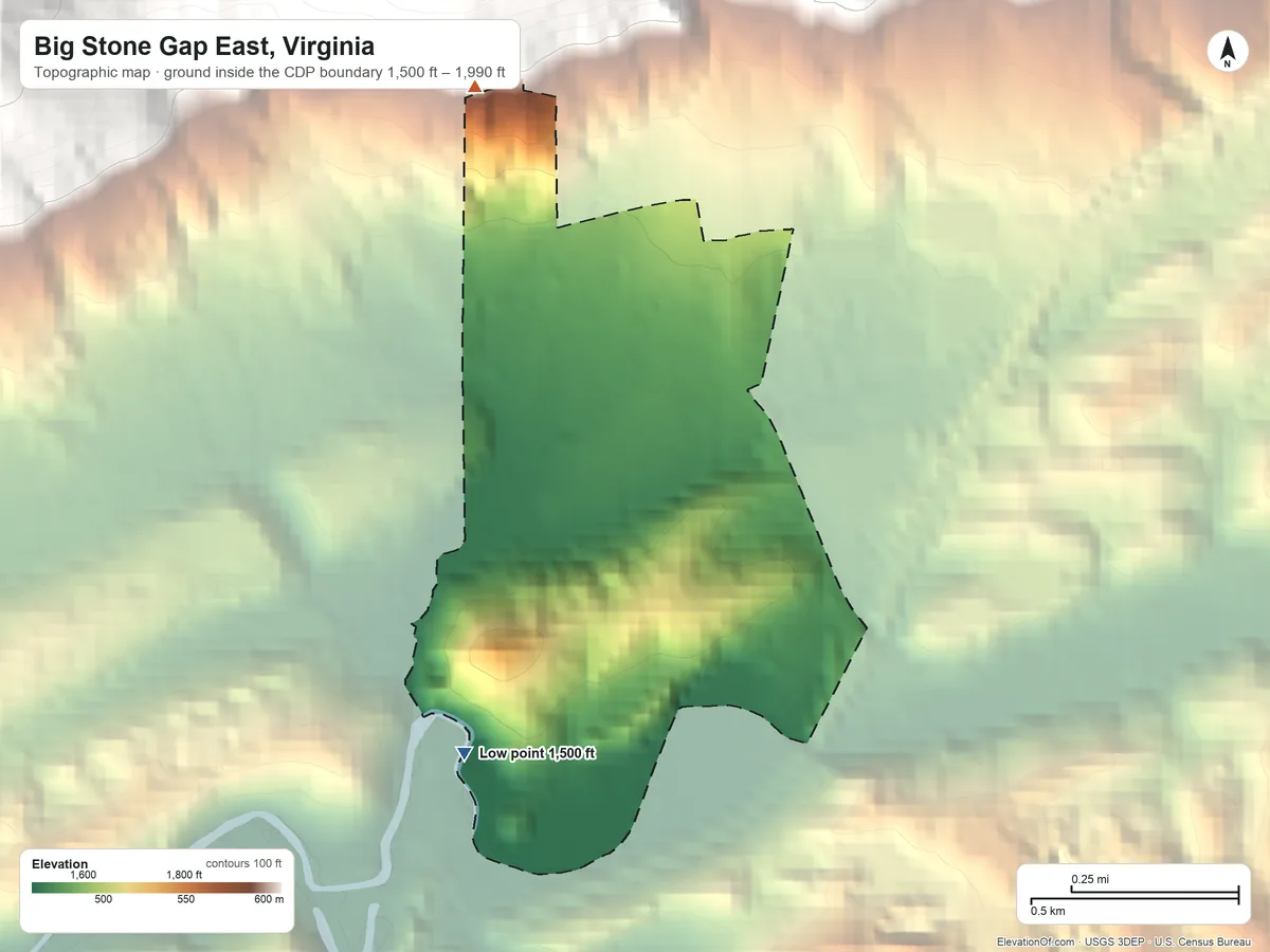 Topographic elevation map of Big Stone Gap East, Virginia, shaded from 1,500 ft on the southwest side to 1,990 ft on the northwest edge, below higher ground just outside