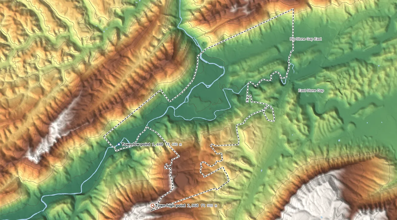 Topographic elevation map of Big Stone Gap, Virginia, shaded from 1,440 ft on the southwest side to 2,960 ft on the southwest side