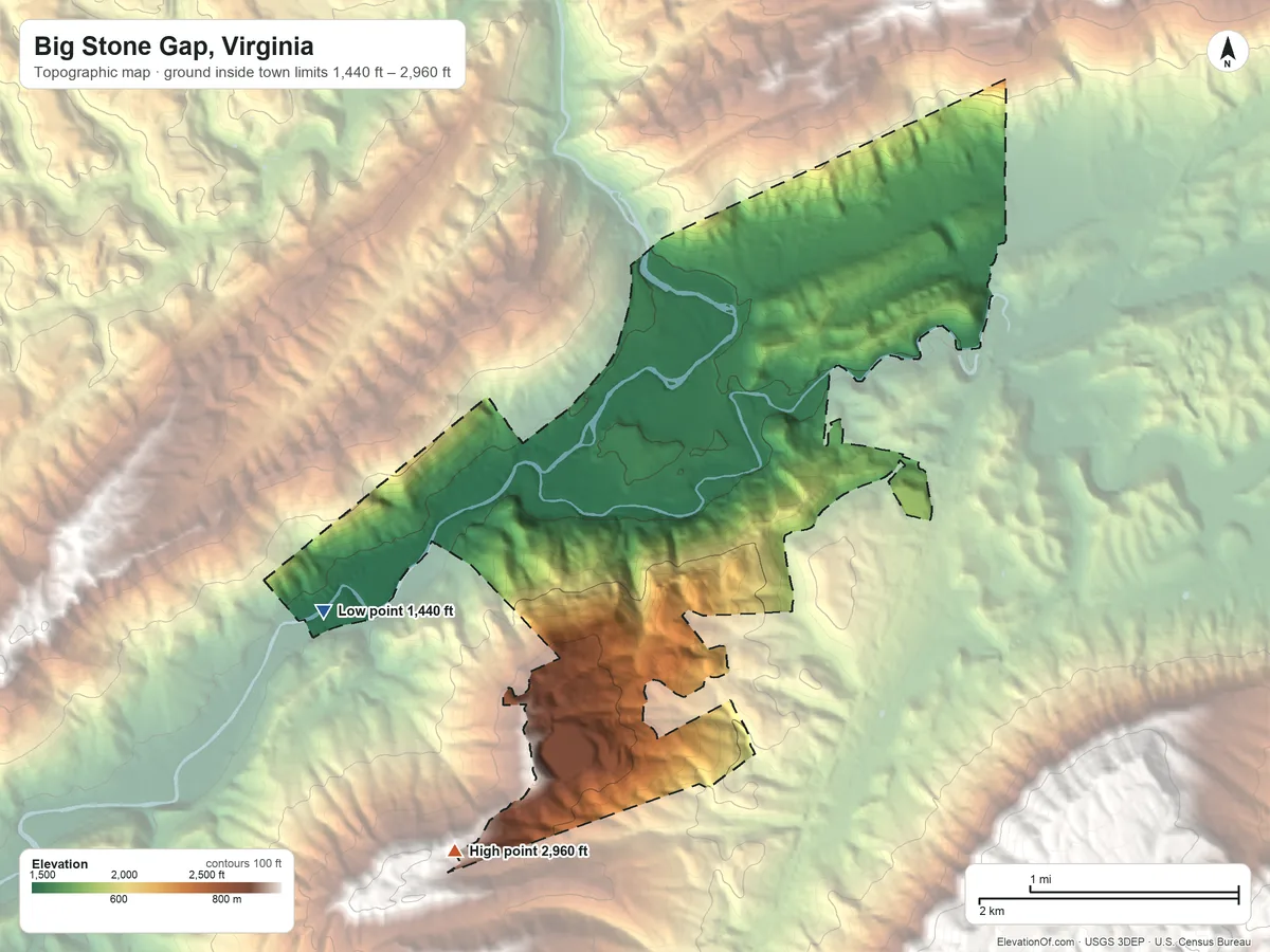 Topographic elevation map of Big Stone Gap, Virginia, shaded from 1,440 ft on the southwest side to 2,960 ft on the southwest side