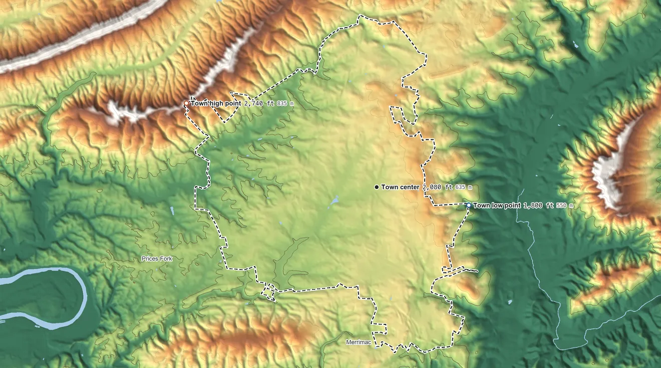 Topographic elevation map of Blacksburg, Virginia, shaded from 1,800 ft on the east side to 2,740 ft on the northwest side