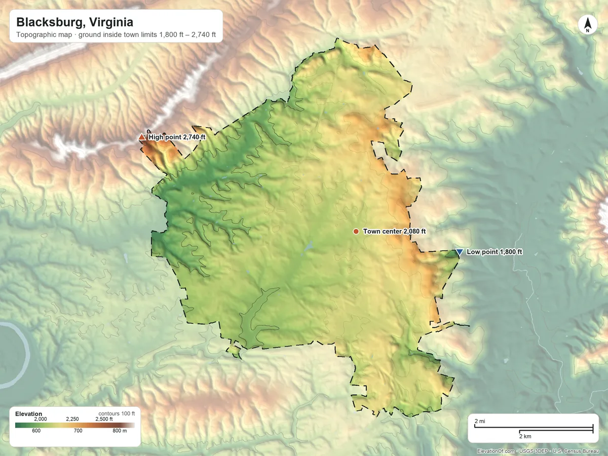 Topographic elevation map of Blacksburg, Virginia, shaded from 1,800 ft on the east side to 2,740 ft on the northwest side