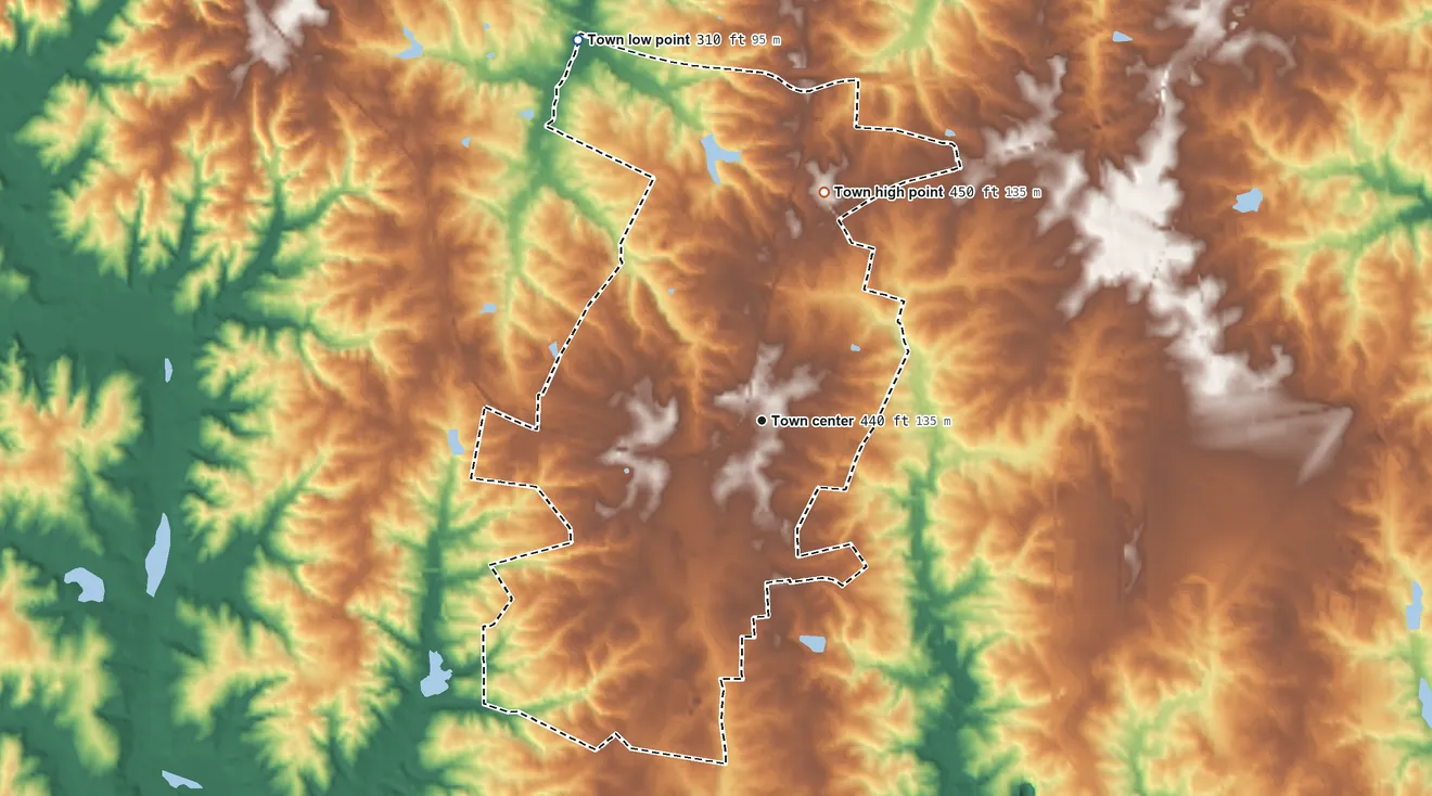 Topographic elevation map of Blackstone, Virginia, shaded from 310 ft on the northwest side to 450 ft on the north side