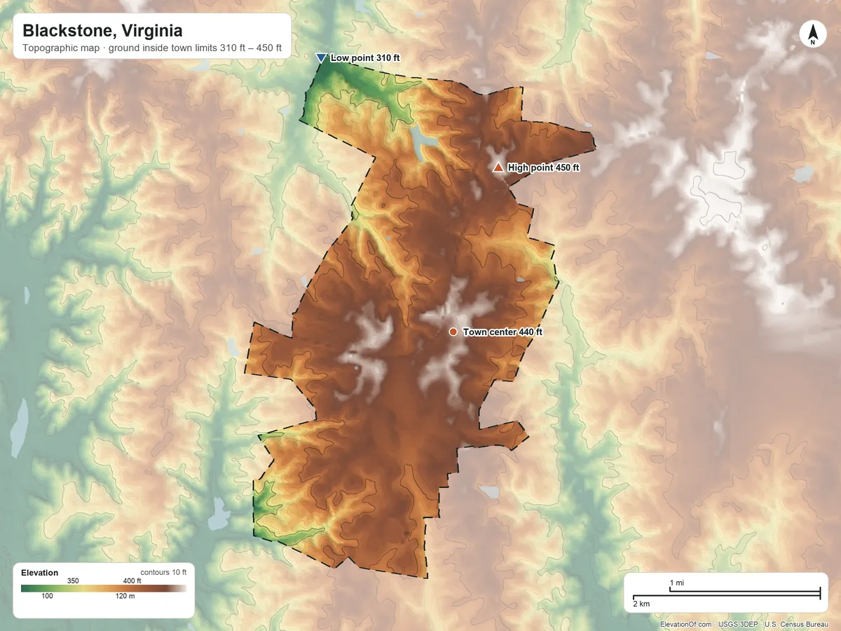 Topographic elevation map of Blackstone, Virginia, shaded from 310 ft on the northwest side to 450 ft on the north side