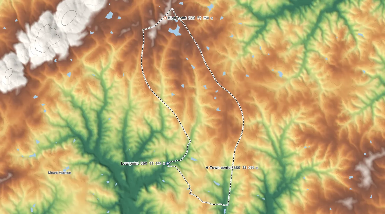 Topographic elevation map of Blairs, Virginia, shaded from 560 ft on the west side to 820 ft on the north side