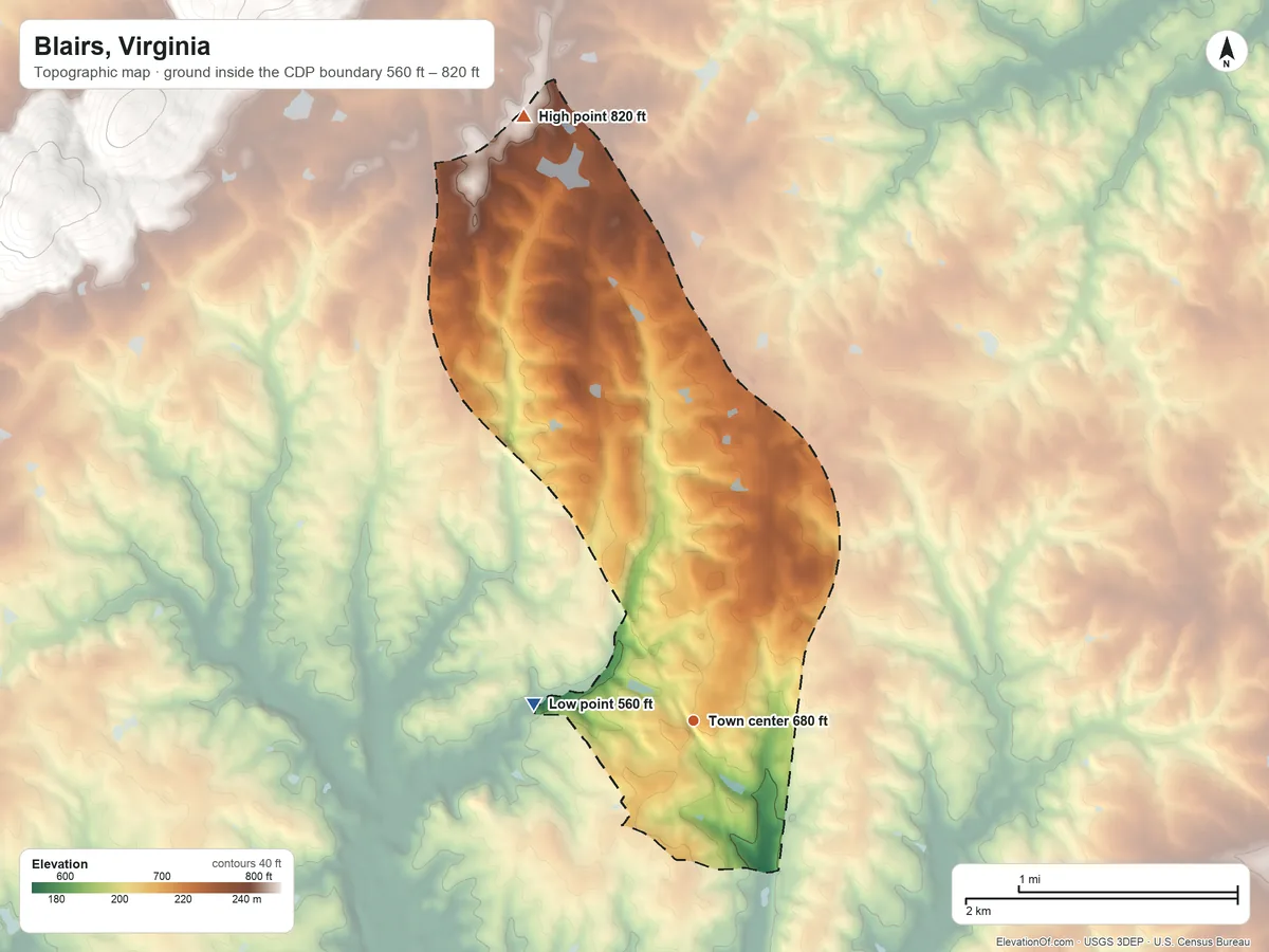 Topographic elevation map of Blairs, Virginia, shaded from 560 ft on the west side to 820 ft on the north side