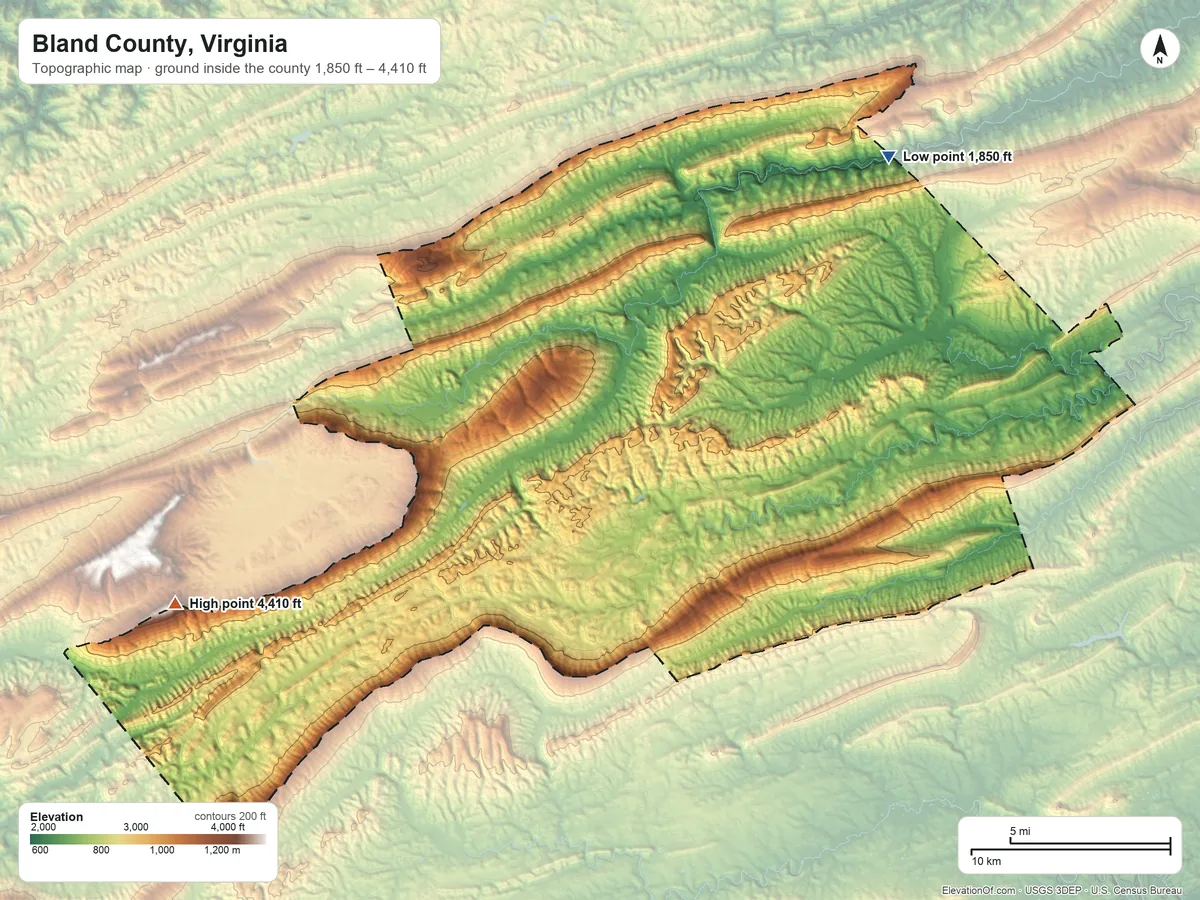 Topographic elevation map of Bland County, Virginia, shaded from 1,850 ft on the northeast side to 4,410 ft on the west side