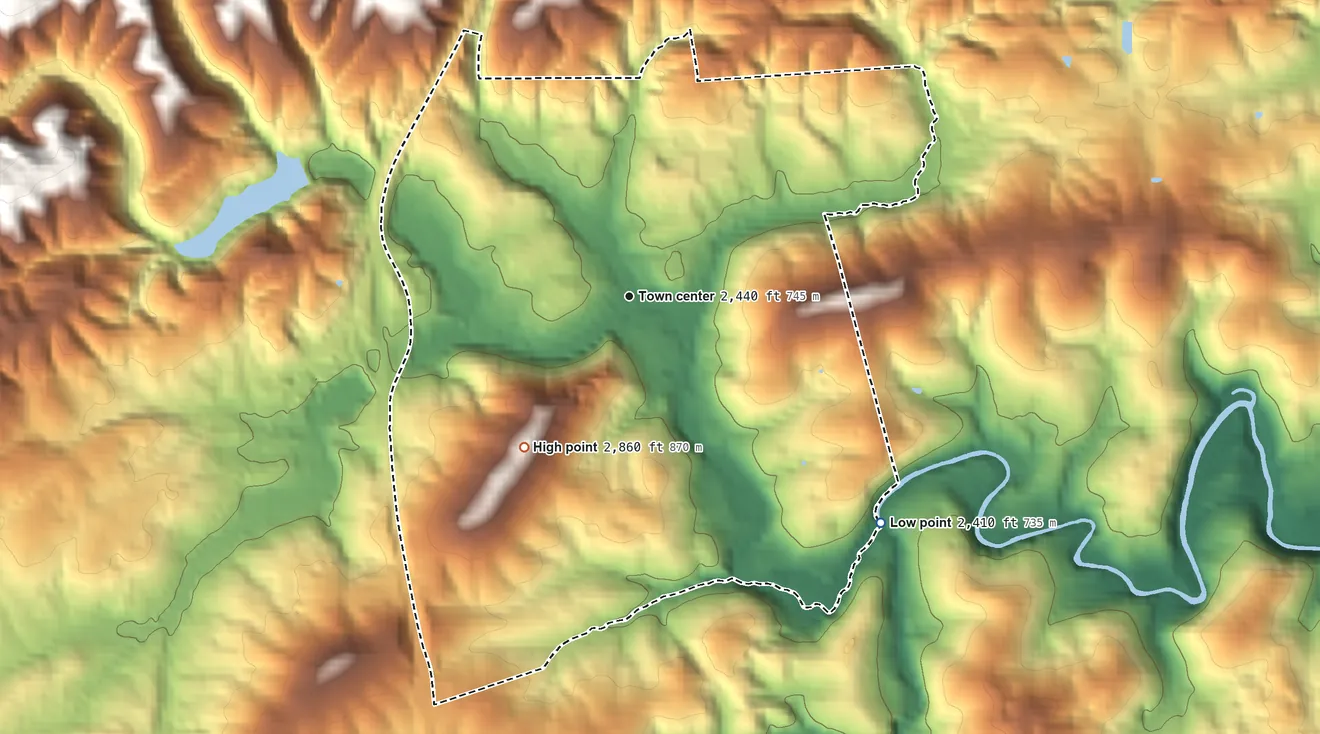 Topographic elevation map of Bland, Virginia, shaded from 2,410 ft on the southeast side to 2,860 ft on the southwest side